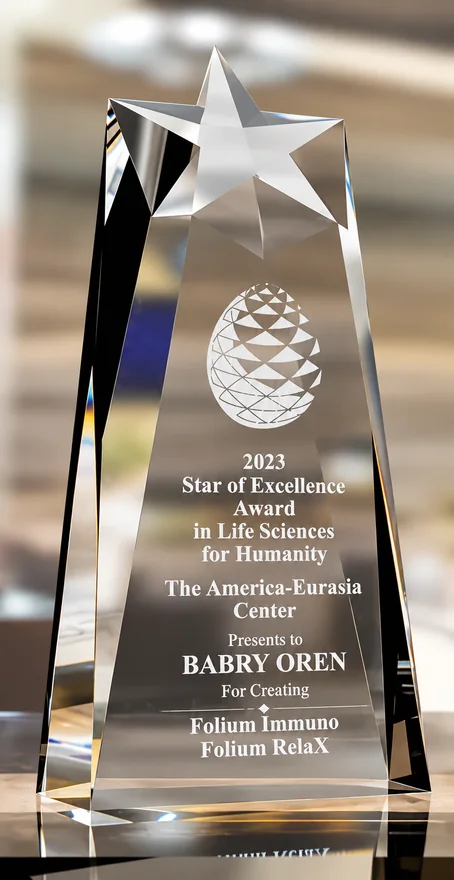 2023 Star of Excellence Award in Life Sciences for Humanity from The America-Eurasia Center, presented to Babry Oren for creating Folium Immuno and Folium RelaX