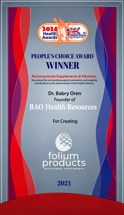 2024 UK Health Awards People's Choice Award winner plaque for Dr. Babry Oren, founder of BAO Health Resources, for creating Folium products nutritional supplements