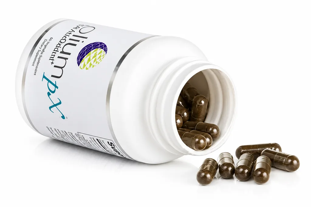 Open bottle of Folium pX antioxidant supplement with capsules spilling out