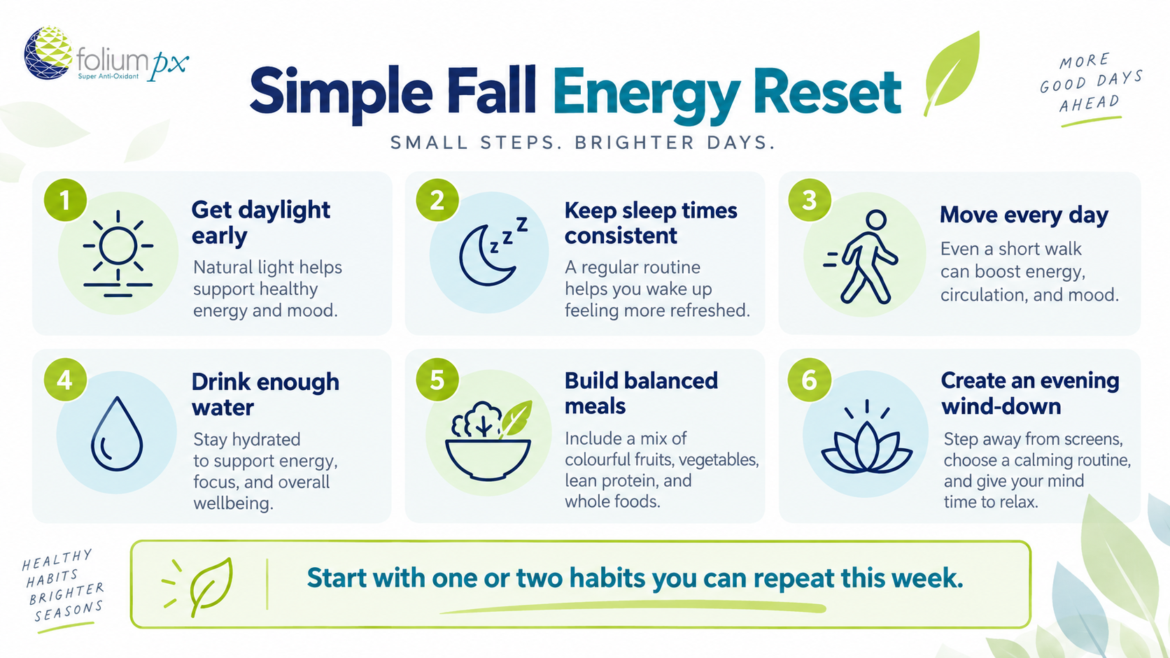 Six fall wellness habits: daylight, consistent sleep, movement, hydration, balanced meals and an evening wind-down